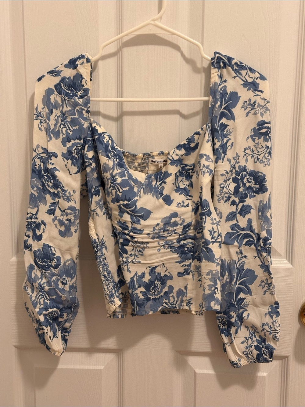 Reformation White and Blue Floral Square-Neck Ruched Blouse